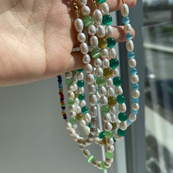 Dark green cat eye round bead and fresh water Pearl necklace - Picture 4 of 4